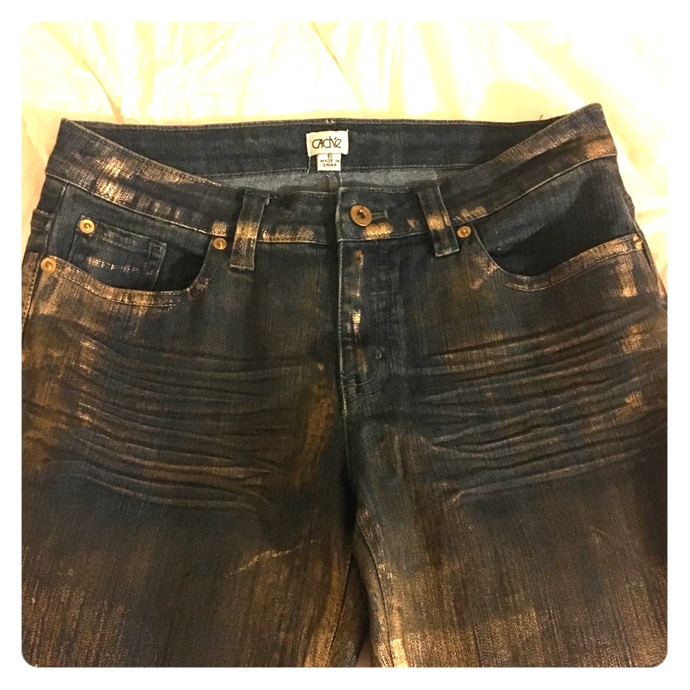 Cache gold coated flare leg jeans!